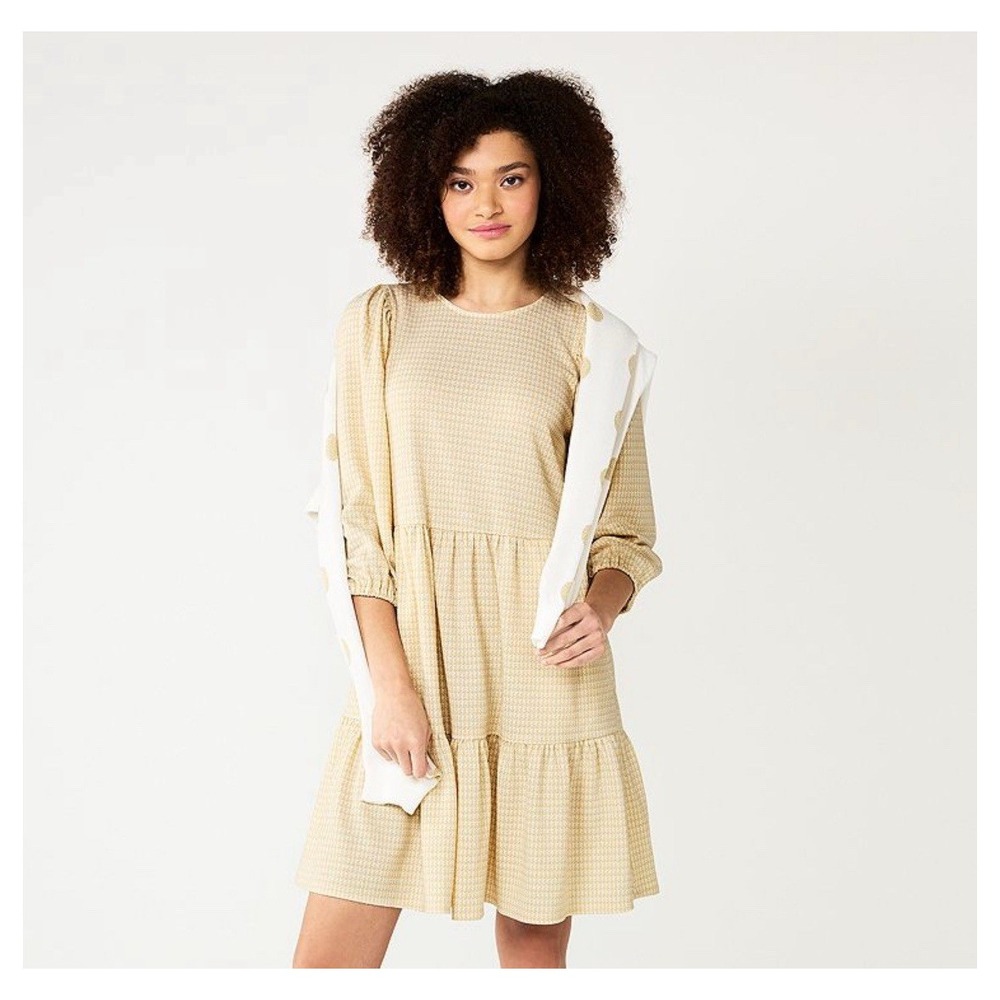 NWT Draper James RSVP Tiered Puff Sleeve Dress Size‎ XL Beige Houndstooth